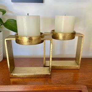 West Elm Set of 2 square metal pillar candle holder gold brass tall